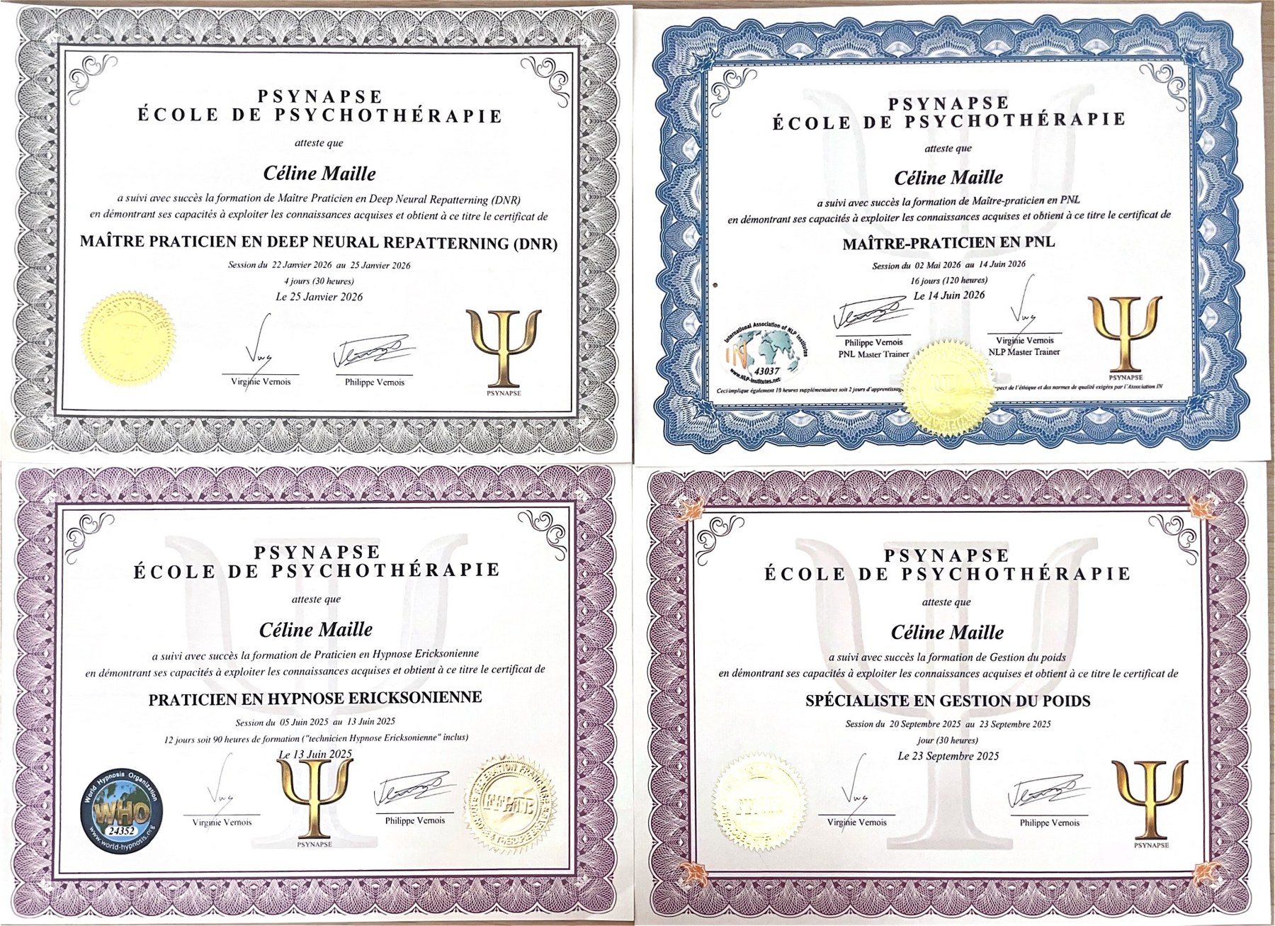 Certificats de formation de Céline Maille en hypnose ericksonienne, DNR, PNL et gestion du poids